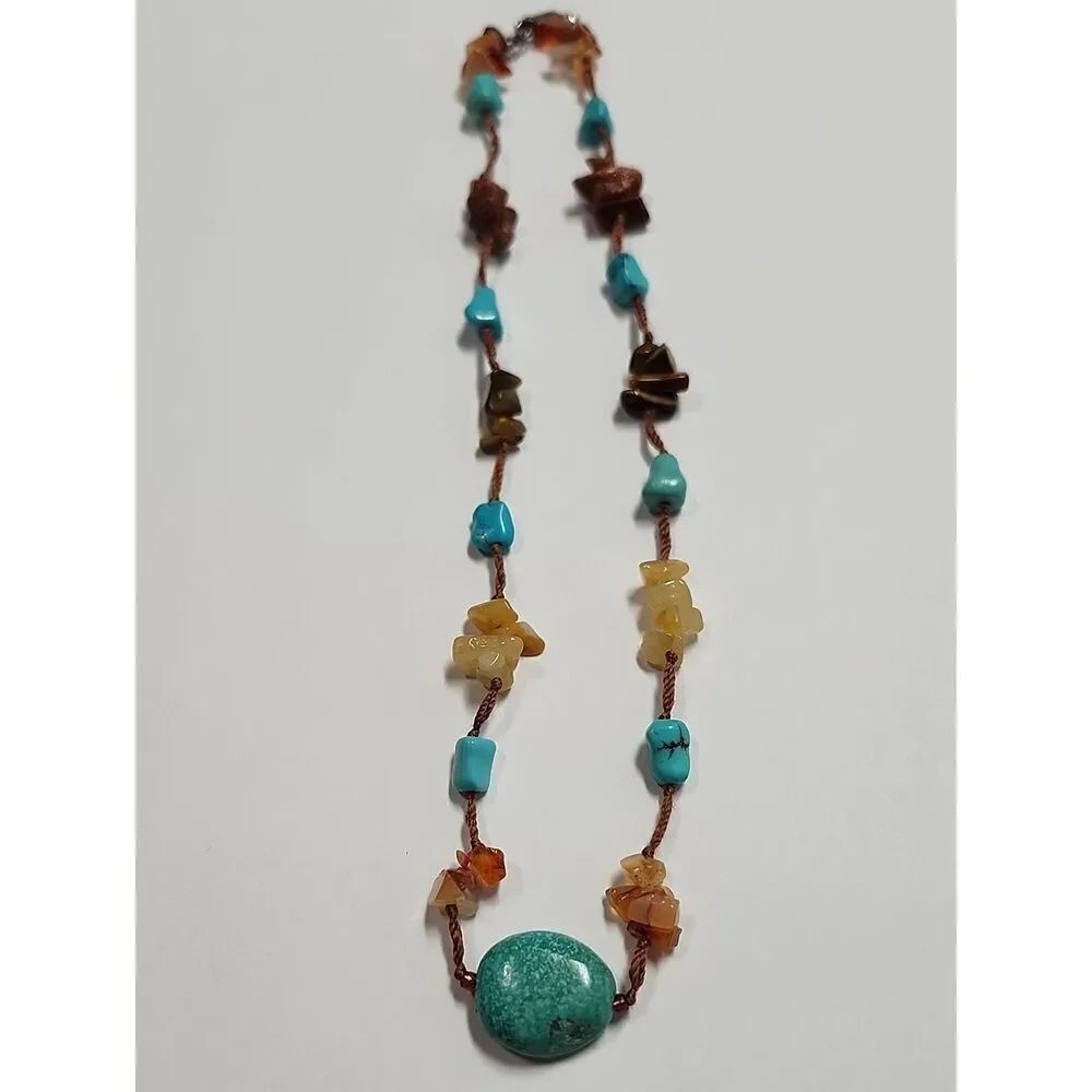 Semi Precious Stone Beaded Necklace Turquoise Carnelian Tigers Eye Citrine
